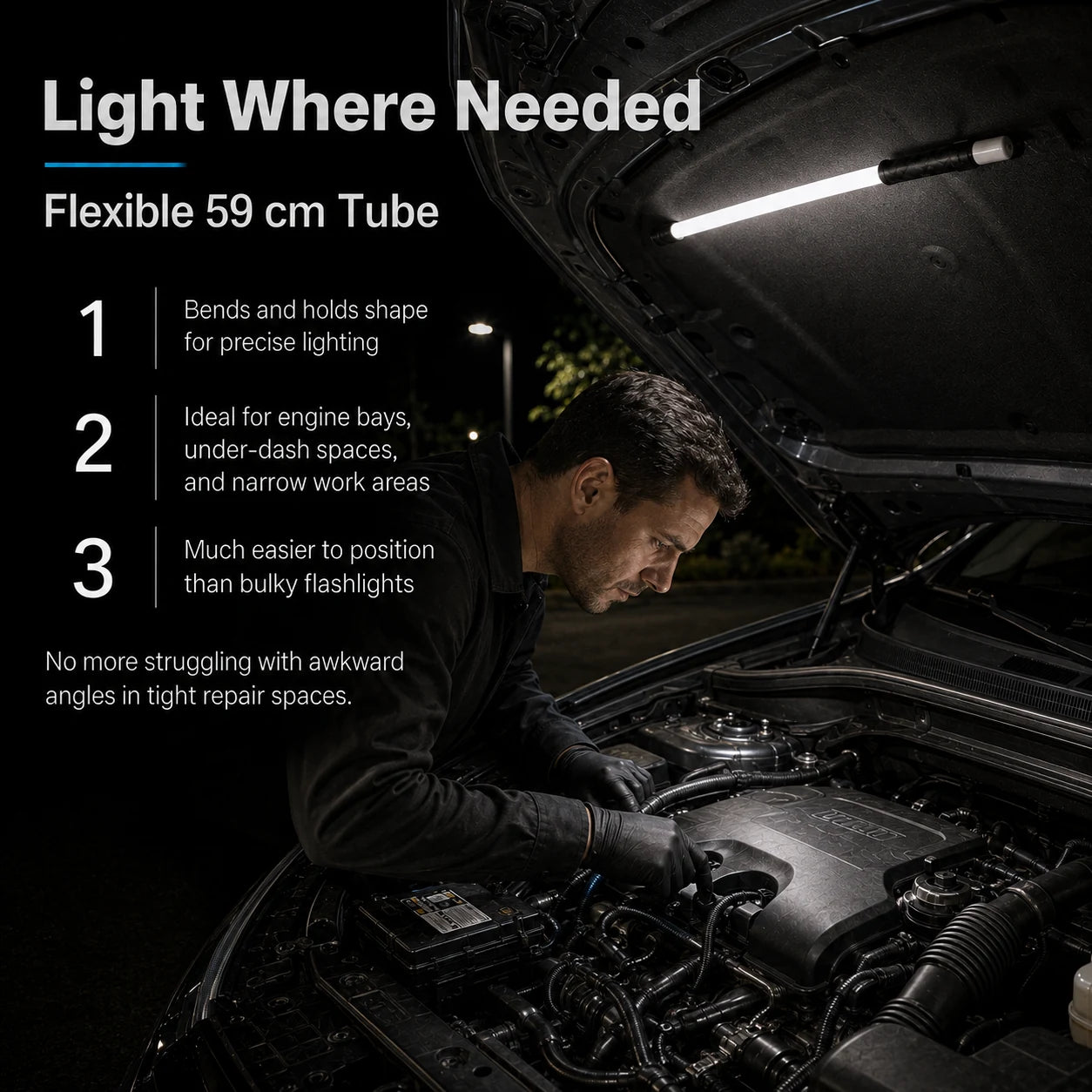 Mechanic positions the 59 cm flexible LED work light inside an engine bay to reach narrow repair spaces hands-free.