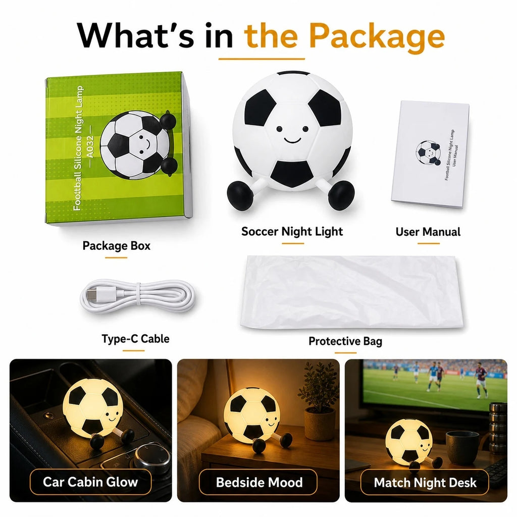 Football night light package with Type-C cable, manual, protective bag, and box