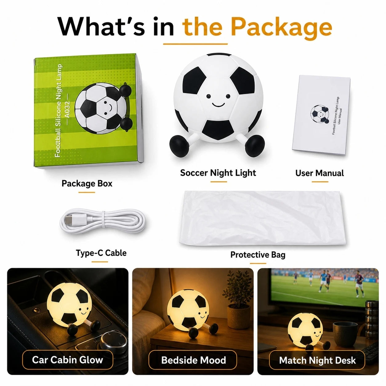 Football night light package with Type-C cable, manual, protective bag, and box
