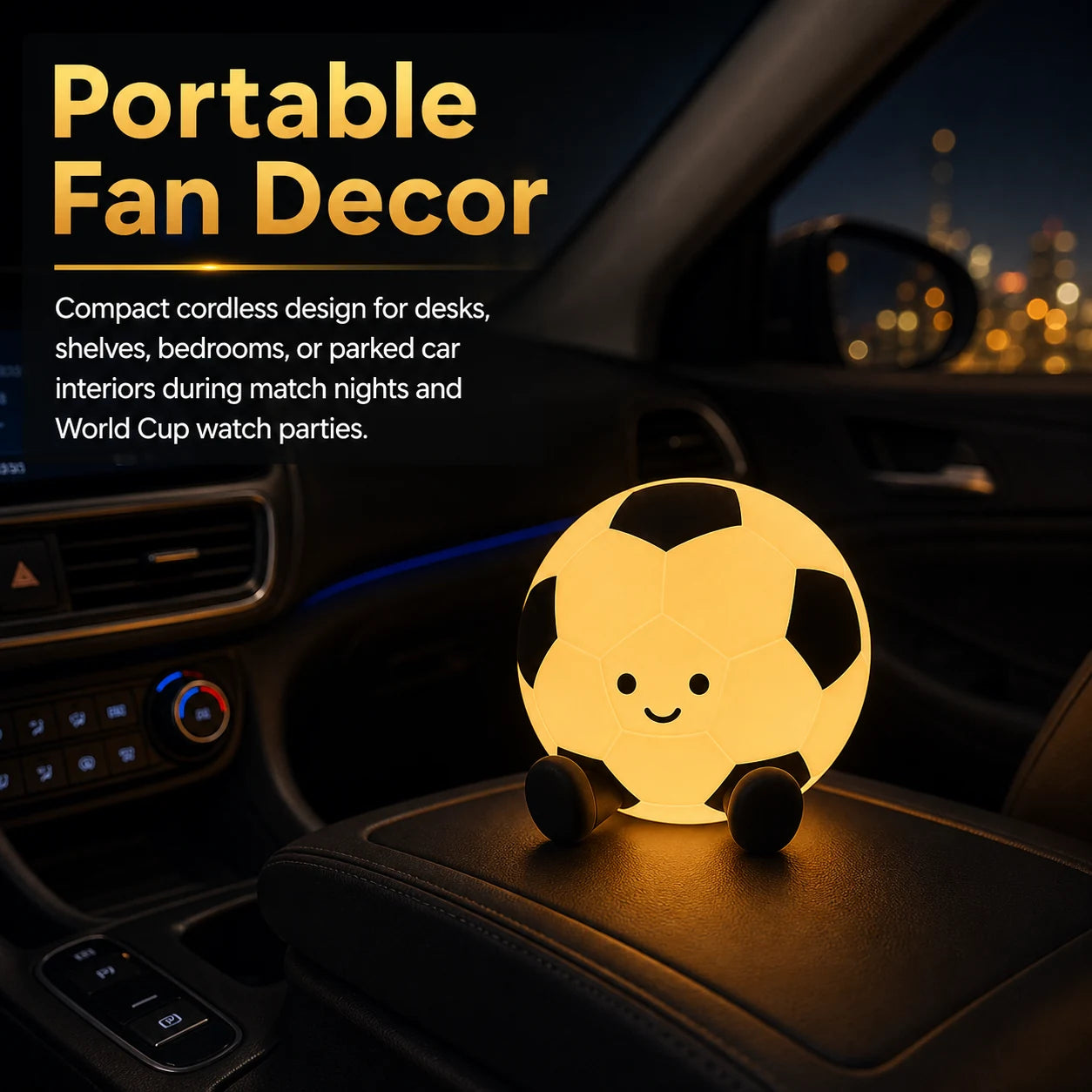 Portable soccer ball lamp used as warm decor in a parked car interior