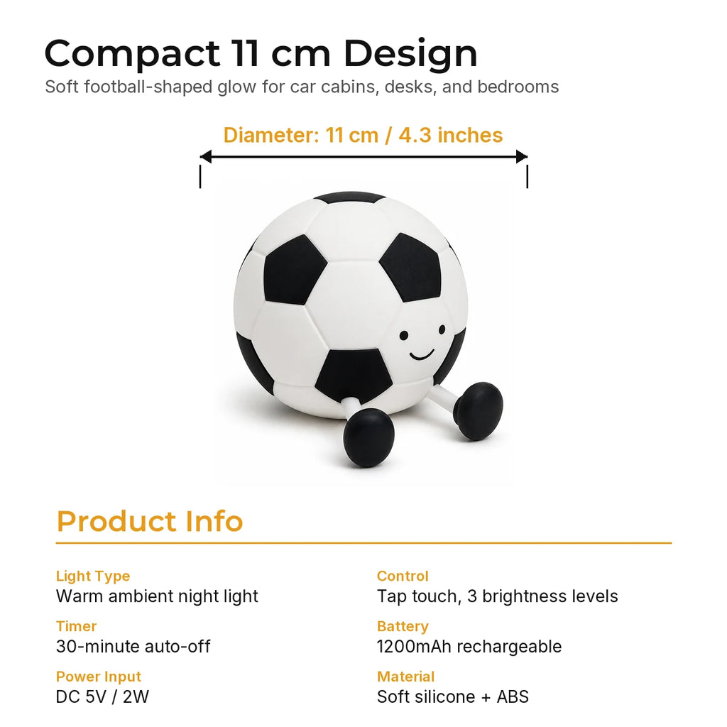 Compact soft football silicone night light with 11 cm / 4.3 in size and core specs