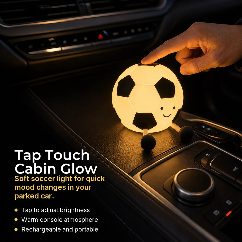 Football silicone night light with tap touch brightness control in a parked car interior