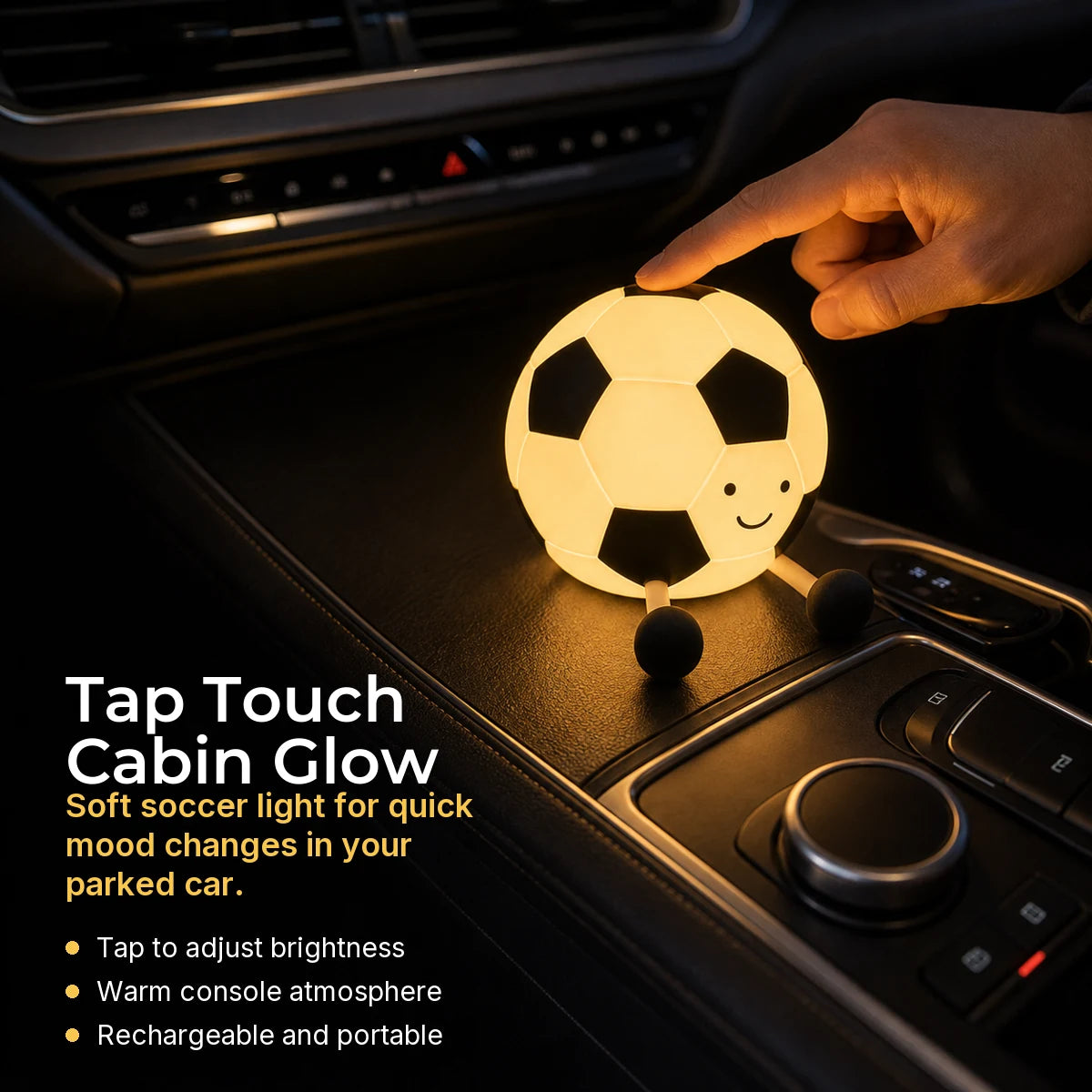 Football silicone night light with tap touch brightness control in a parked car interior