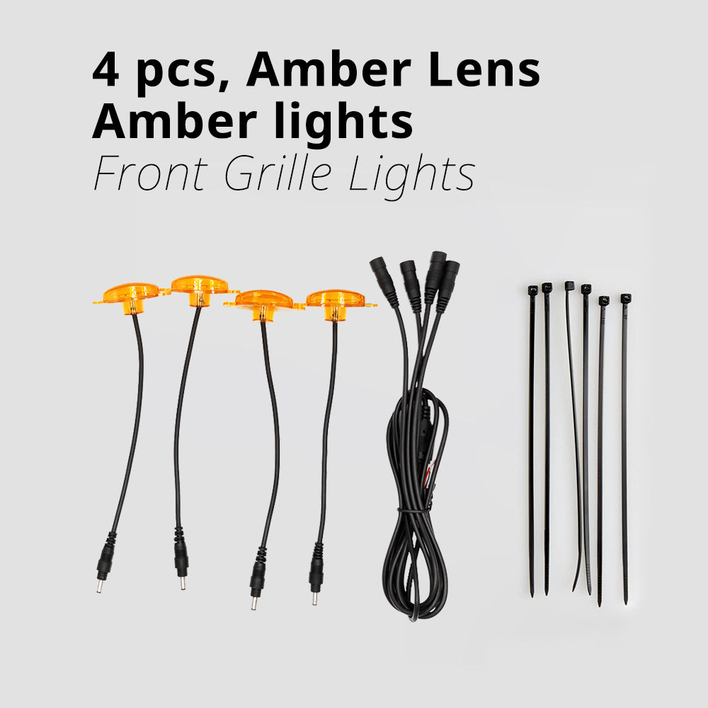 4-piece amber lens front grille light kit for balanced marker light spacing on compatible truck grille openings.