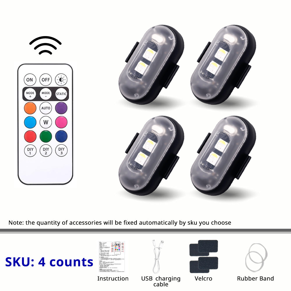 4-piece RGB rechargeable footwell light pack with remote control for front footwells, door accents, or compact cabin lighting layouts.