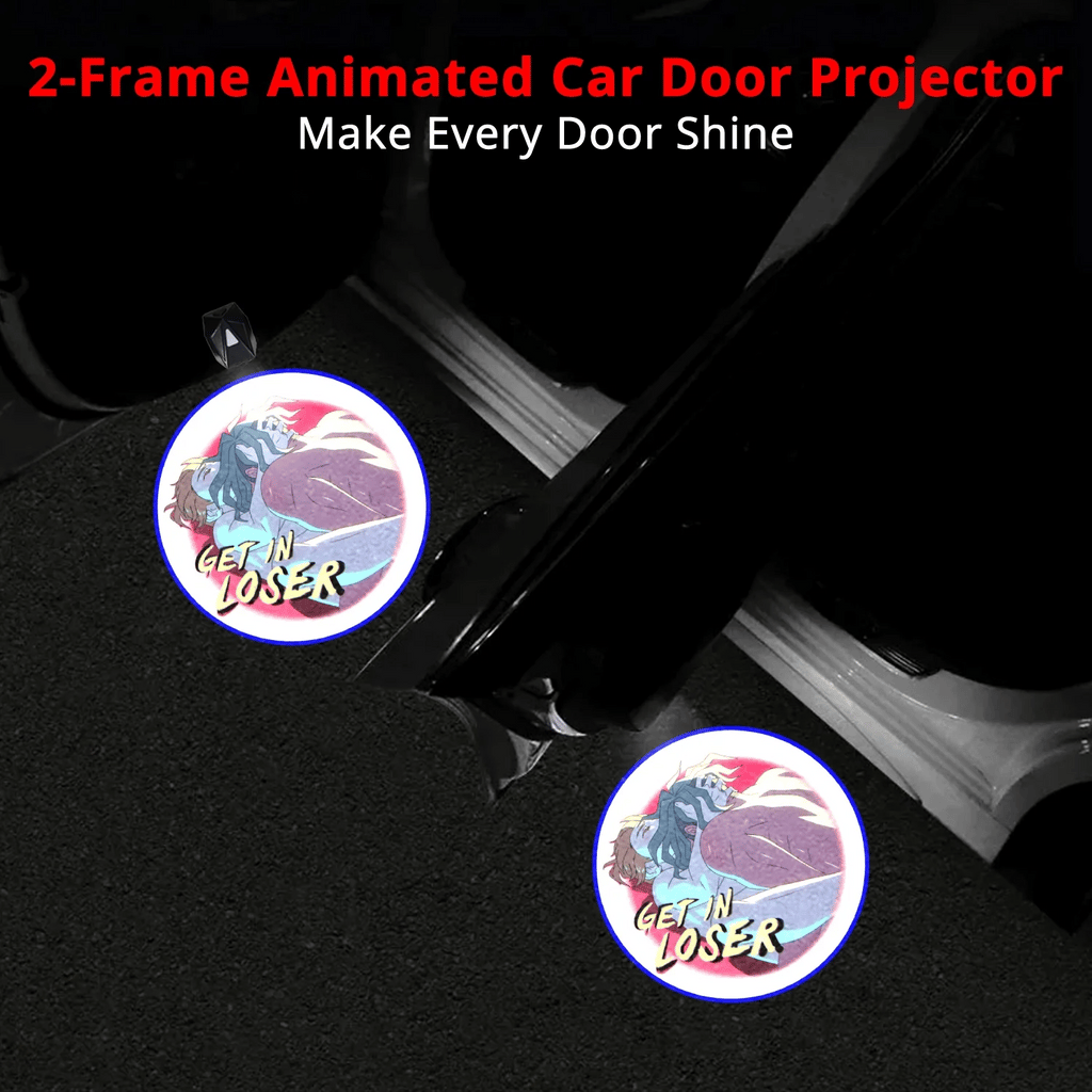 Get In Loser artwork glows on the ground from Ashersmut car door projector lights in a dark parking setup.