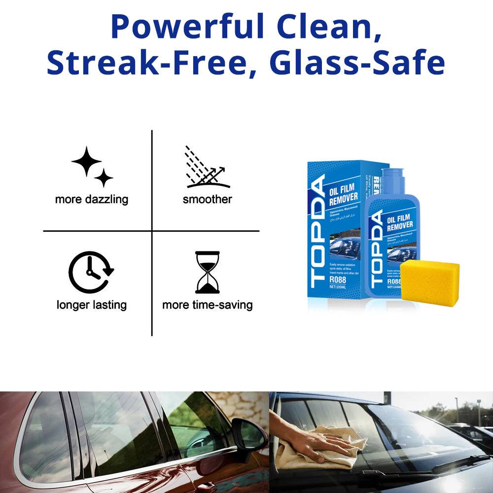 Glass-safe oil film remover for streak-free windshield cleaning, fast application, and clearer visibility after road grime buildup.