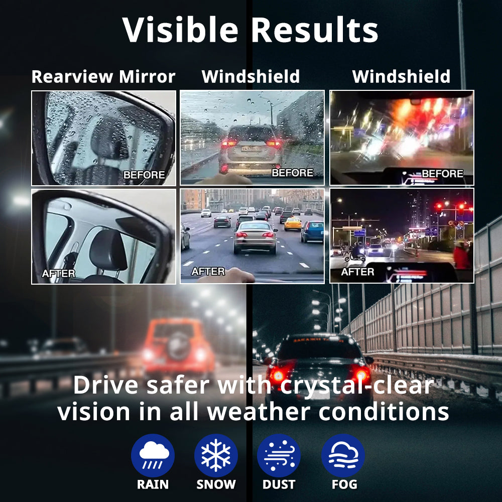 Glass water repellent creates visible rain-shedding results on windshields, rearview mirrors, and exterior car glass.