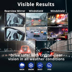 Glass water repellent creates visible rain-shedding results on windshields, rearview mirrors, and exterior car glass.