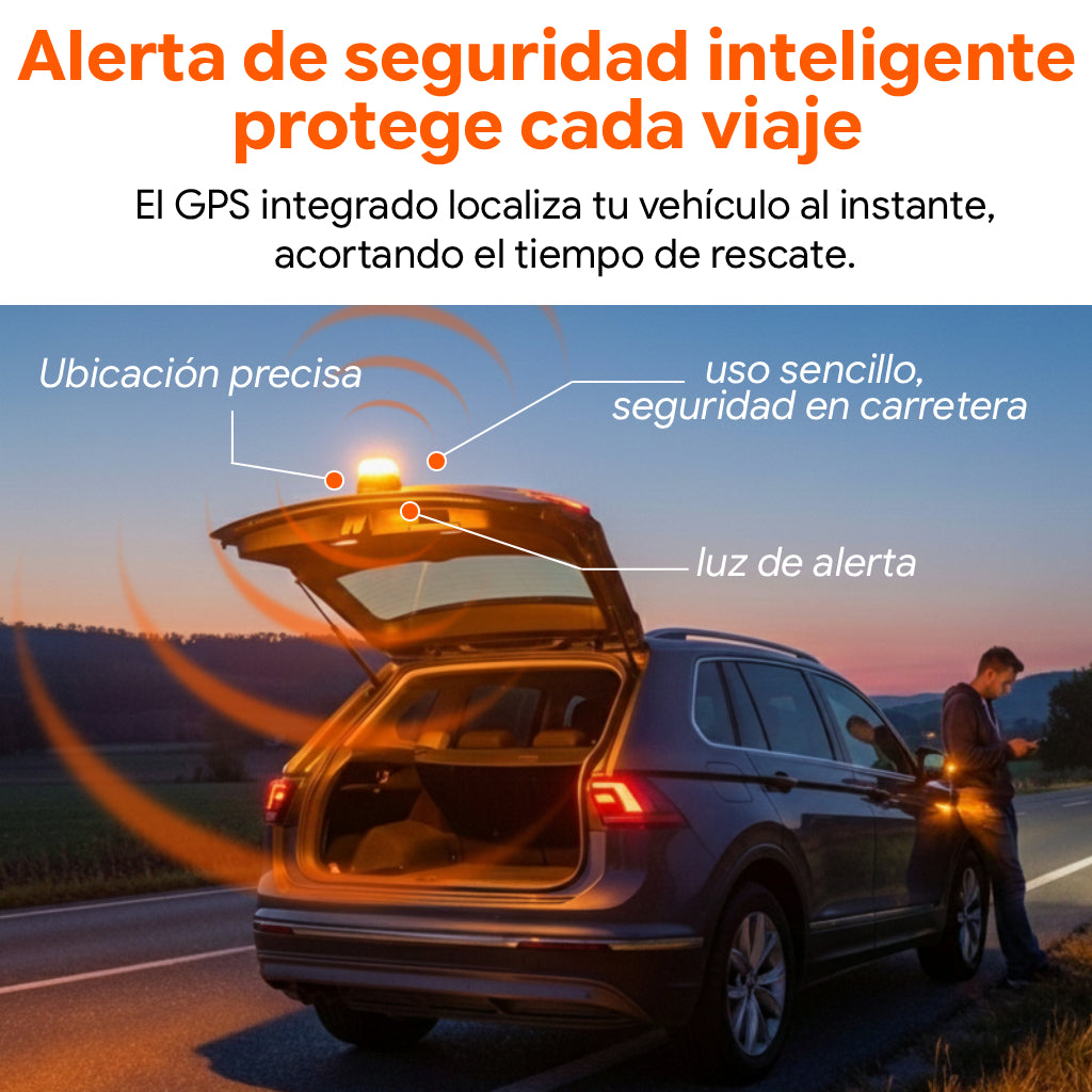 GPS V16 beacon sends an intelligent roadside safety alert while warning nearby traffic with an amber light.