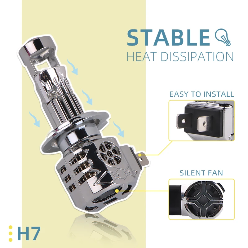 H7 LED headlight bulb variant with fan cooling, stable heat dissipation, and plug-in installation design for compatible vehicles.