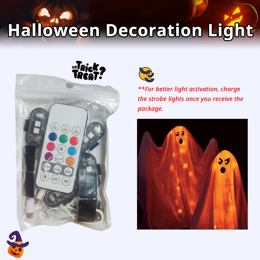 Halloween decoration light retail package with rechargeable mini lights, remote control, and ghost lighting examples.