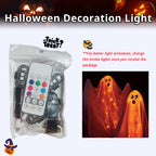 Halloween decoration light retail package with rechargeable mini lights, remote control, and ghost lighting examples.