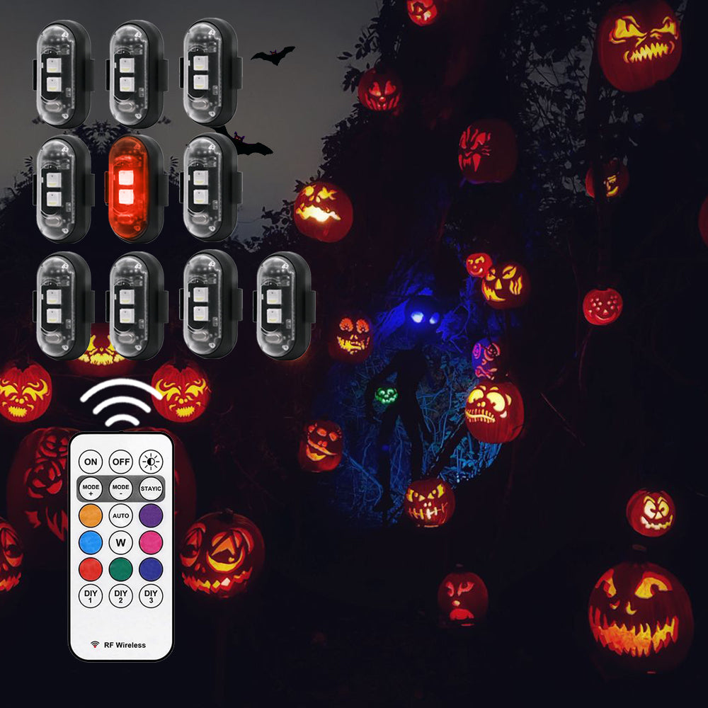 Halloween RGB decorative lights with remote control and colorful mini strobe lights for pumpkins, parties, and spooky setups.