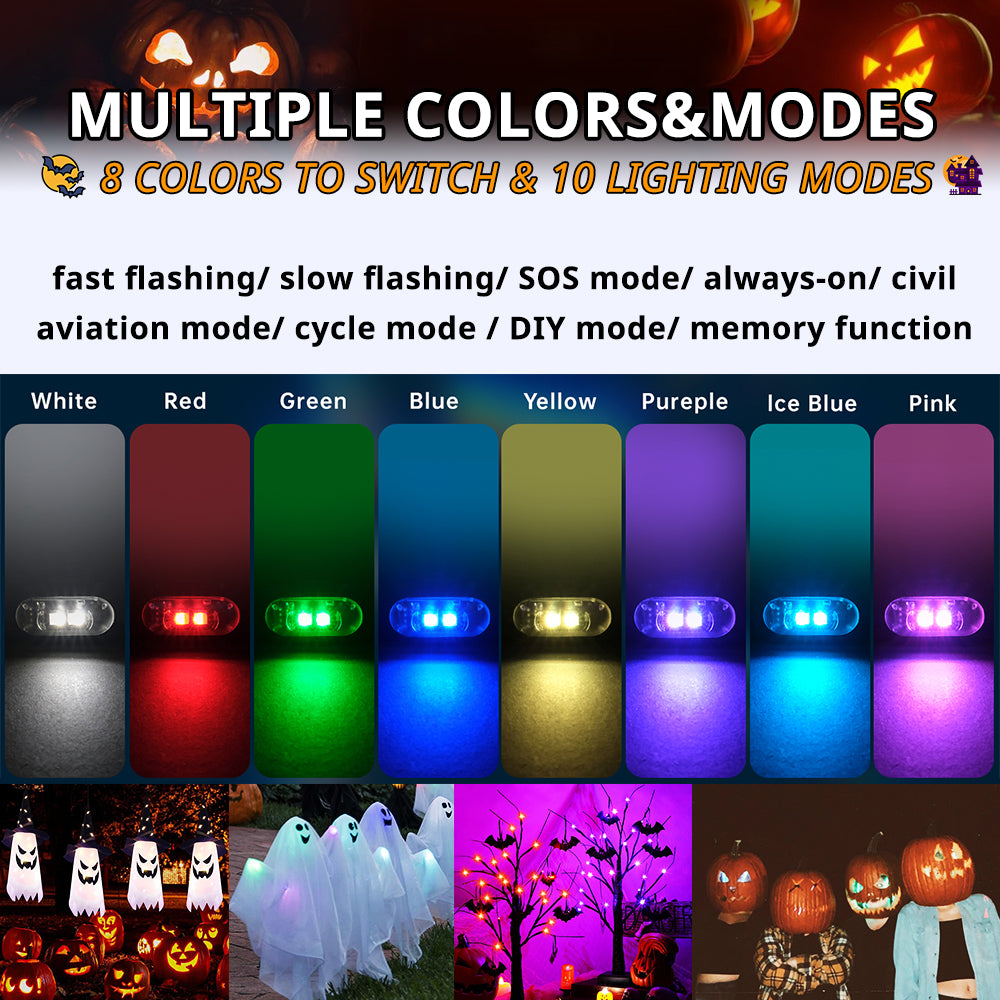 Halloween RGB lights with 8 colors and 10 lighting modes for fast flashing, slow breathing, SOS, and color-changing effects.