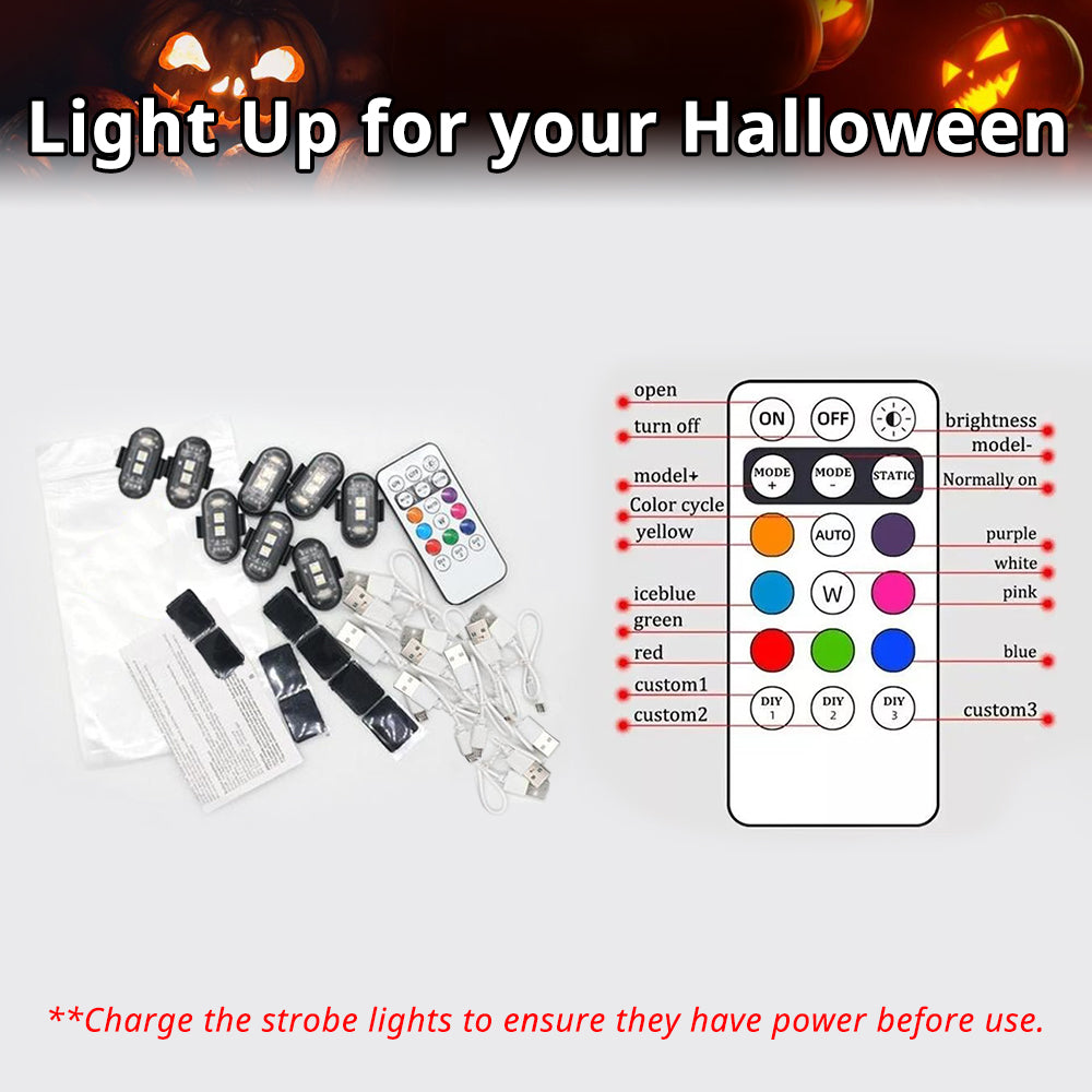 Halloween RGB light package with remote control, charging cable, mounting pads, and rubber bands for seasonal setups.