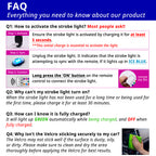 FAQ guide for Halloween RGB strobe lights covering charging, remote control, battery life, and ice blue mode setup.