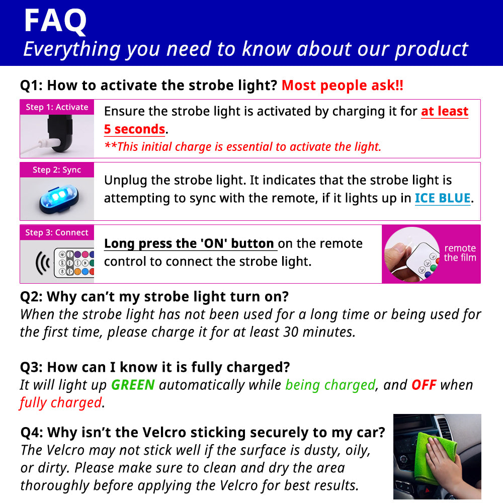 FAQ guide for Halloween RGB strobe lights covering charging, remote control, battery life, and ice blue mode setup.