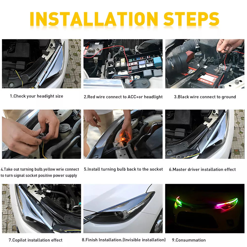 Installation steps for app-controlled headlight LED strips, including surface prep, wiring, and front-end test lighting.
