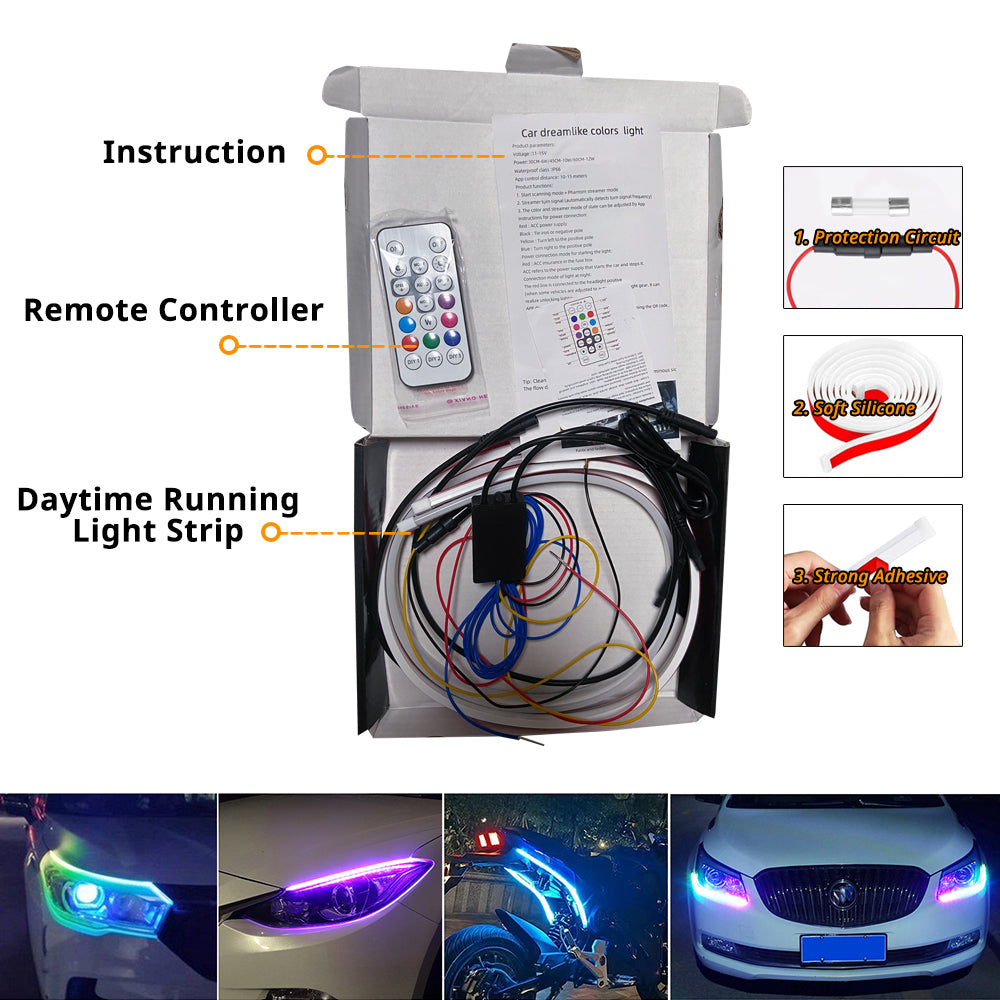 Headlight LED strip package with remote controller, control box, wiring, and mounting strip for front-end installation.