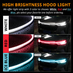 High-brightness hood light strip color options in white, red, and ice blue for front-end accent styling.