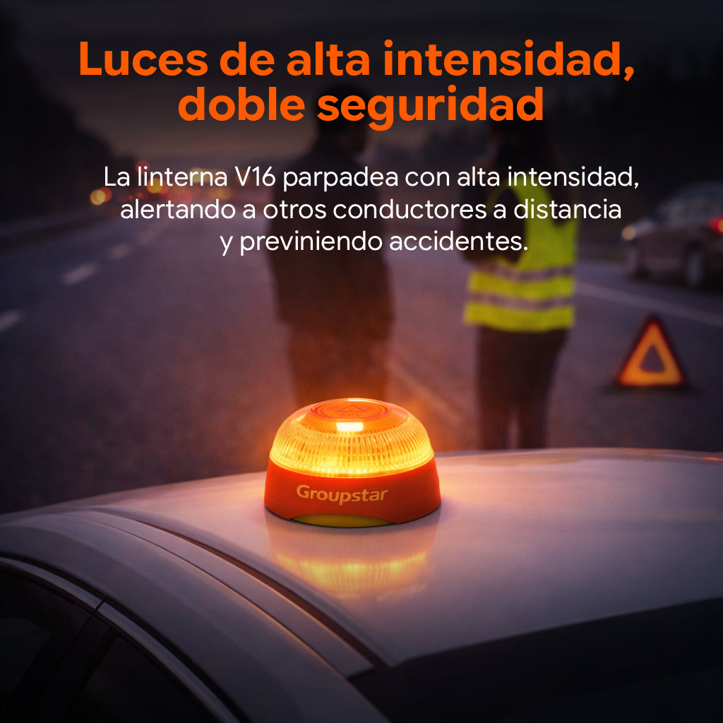 High-intensity V16 warning beacon adds 360-degree amber visibility for roadside emergencies and low-light conditions.
