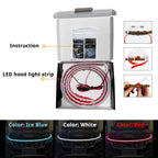 Hood LED light strip package with instruction sheet, coiled strip, wiring, and color option examples.
