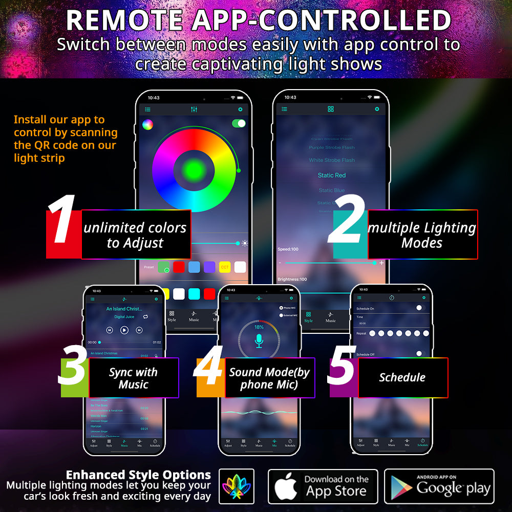App-controlled hood LED strip with color wheel, music mode, gradient mode, scene mode, and schedule control.