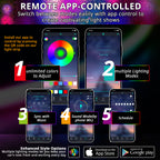 App-controlled hood LED strip with color wheel, music mode, gradient mode, scene mode, and schedule control.