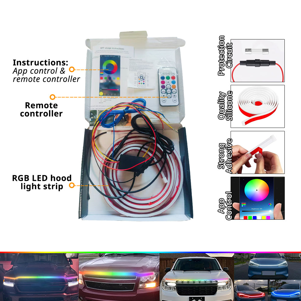 Hood LED strip package with controller, wiring, remote, and installation accessories for app-controlled front lighting.