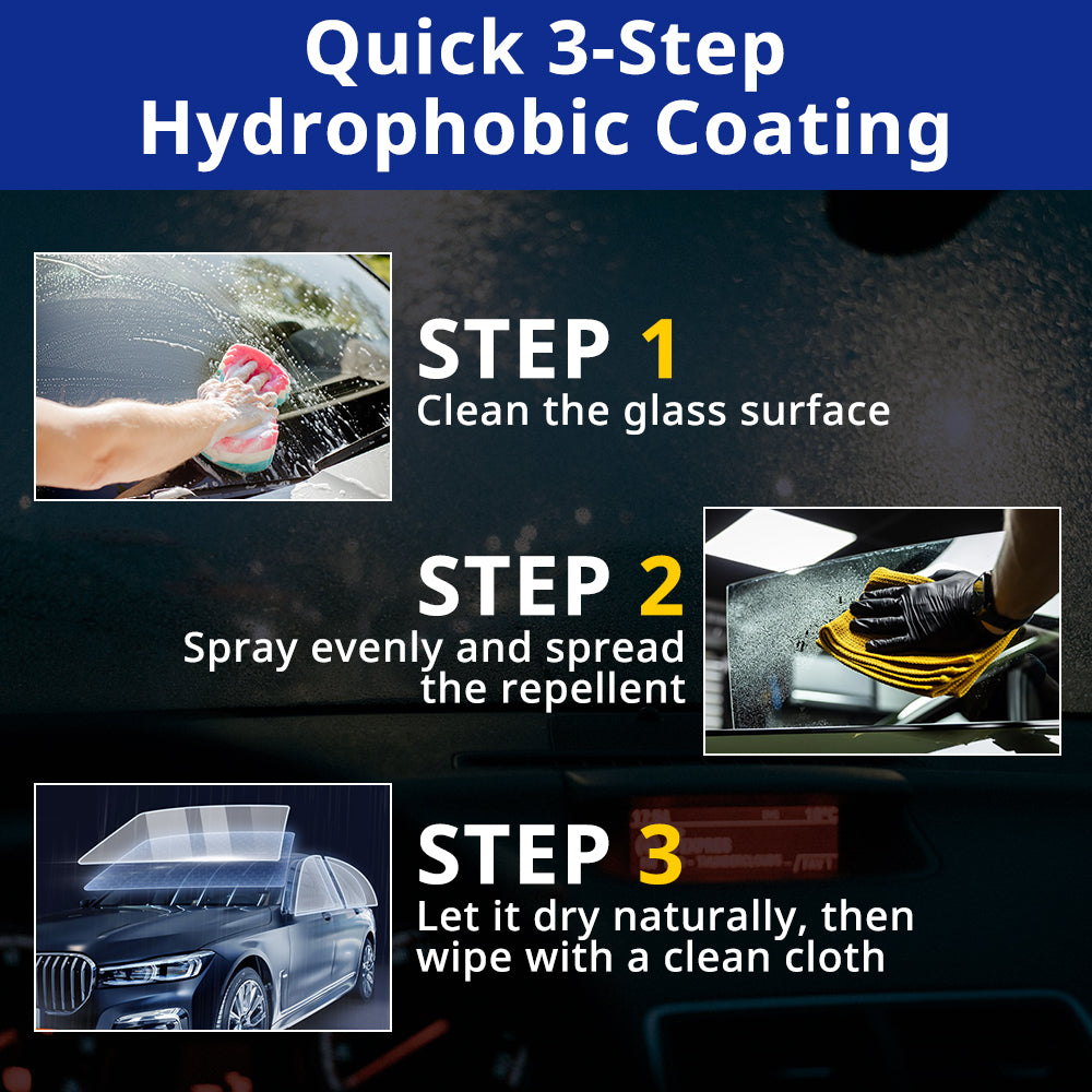 Hydrophobic glass coating application steps for cleaning, spraying evenly, drying, and wiping clear with a cloth.