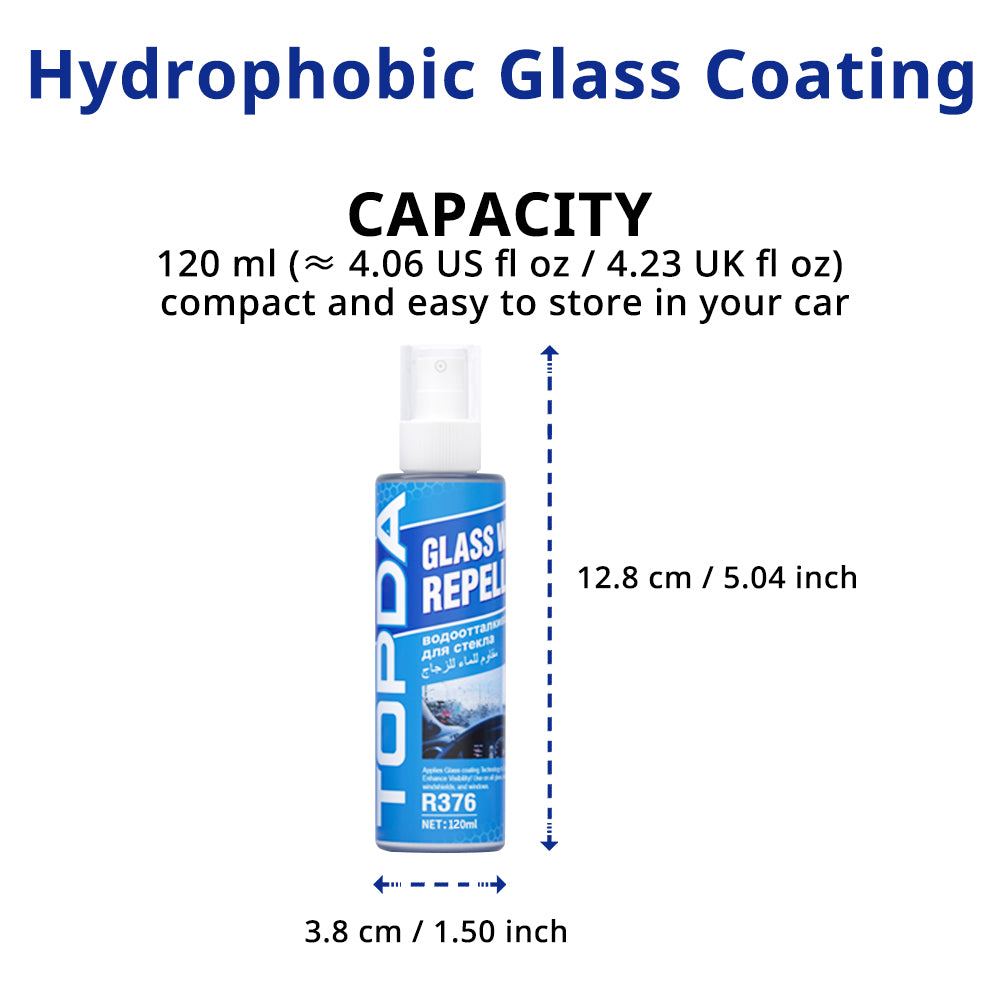 Hydrophobic glass coating bottle dimensions with 4.06 fl oz / 120 ml capacity for compact car care storage.