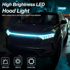 Ice blue dynamic hood LED strip installed across the front of a car for a sharp night-driving accent.