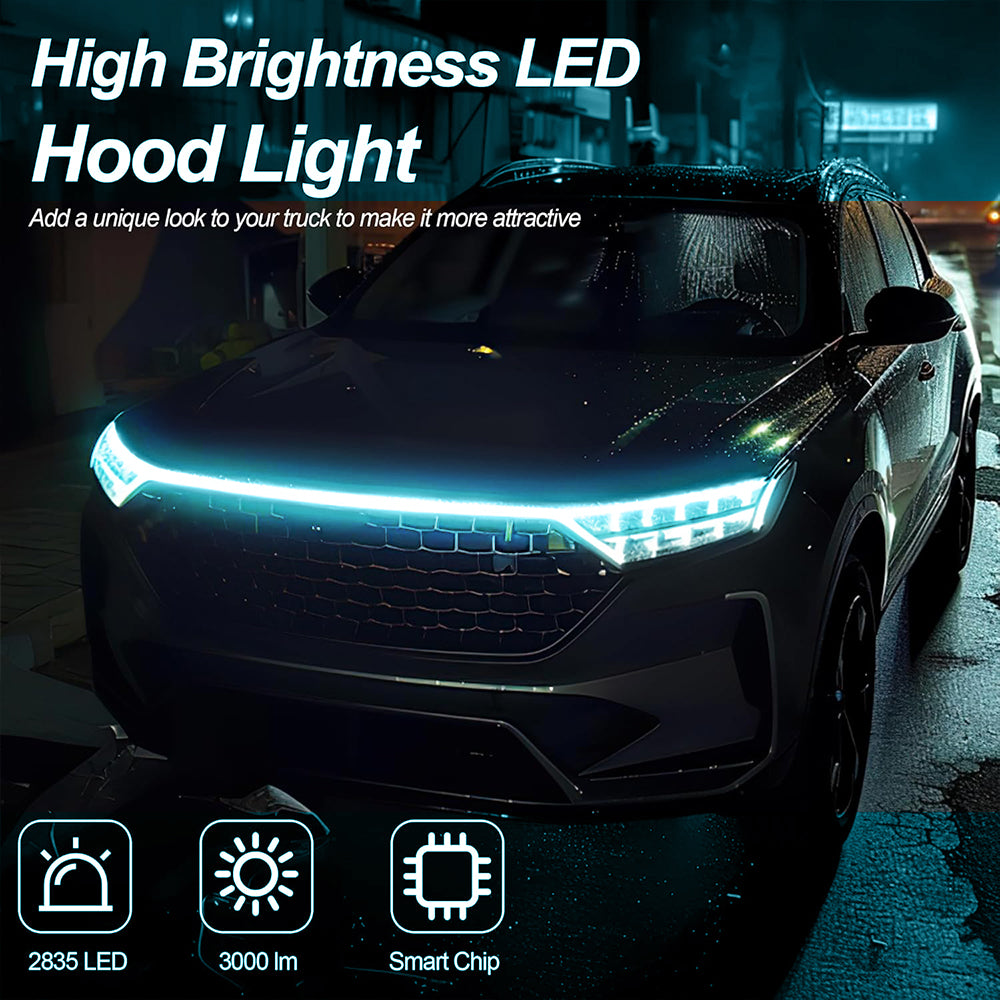 Ice blue dynamic hood LED strip installed across the front of a car for a sharp night-driving accent.