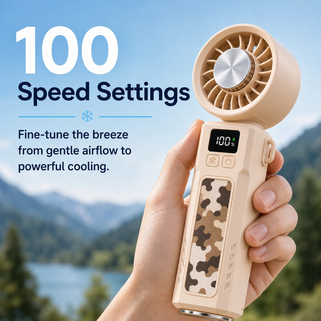 100 speed settings for adjustable airflow on the beige folding handheld fan