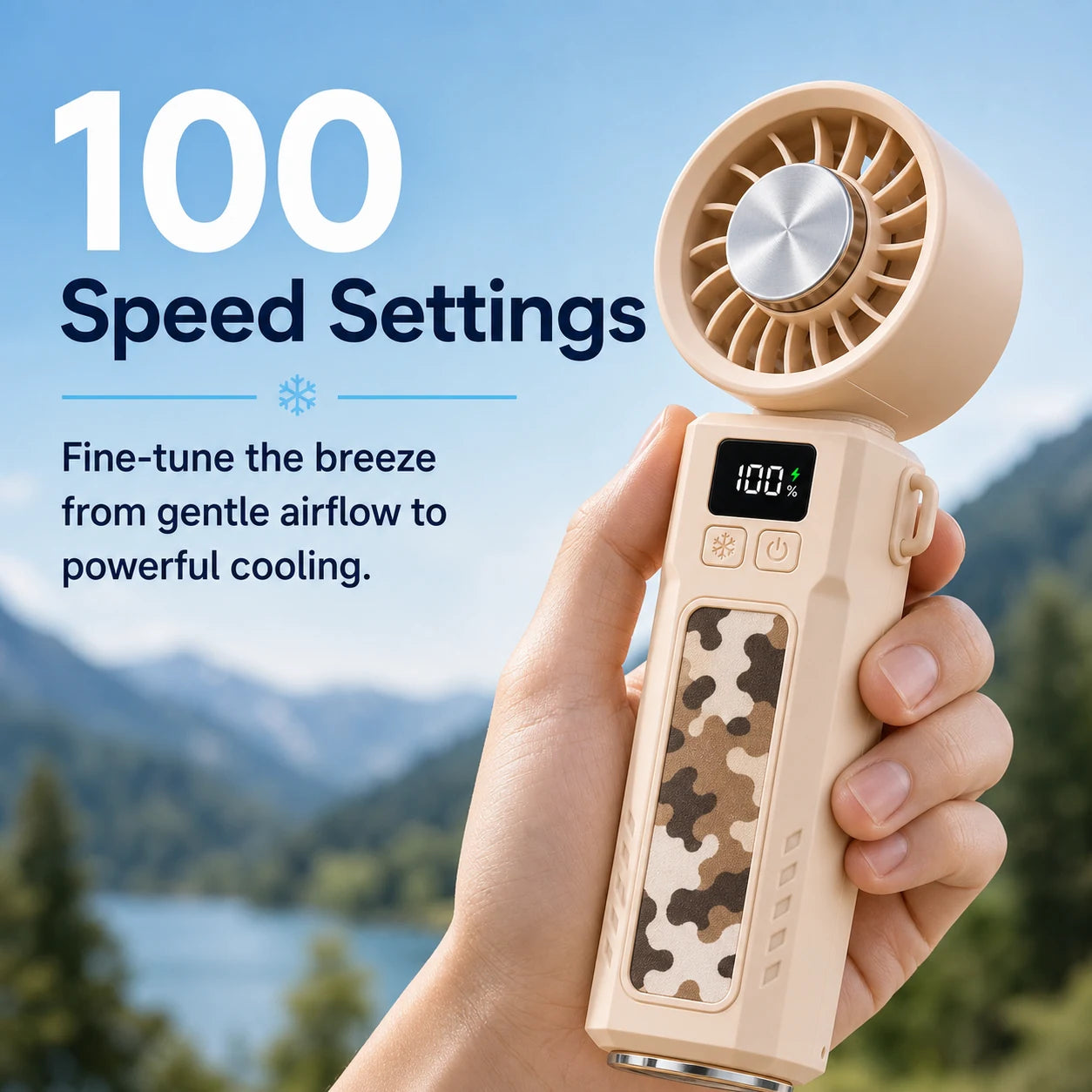 100 speed settings for adjustable airflow on the beige folding handheld fan