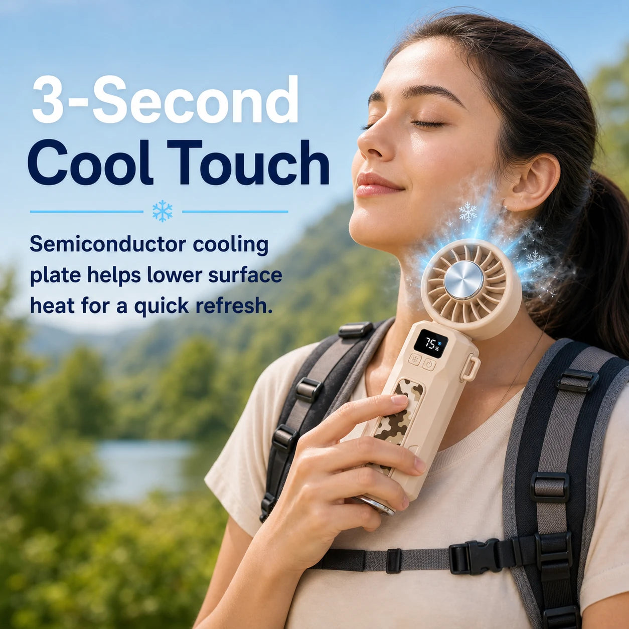 Semiconductor cold touch plate for 3-second cooling relief on the handheld fan