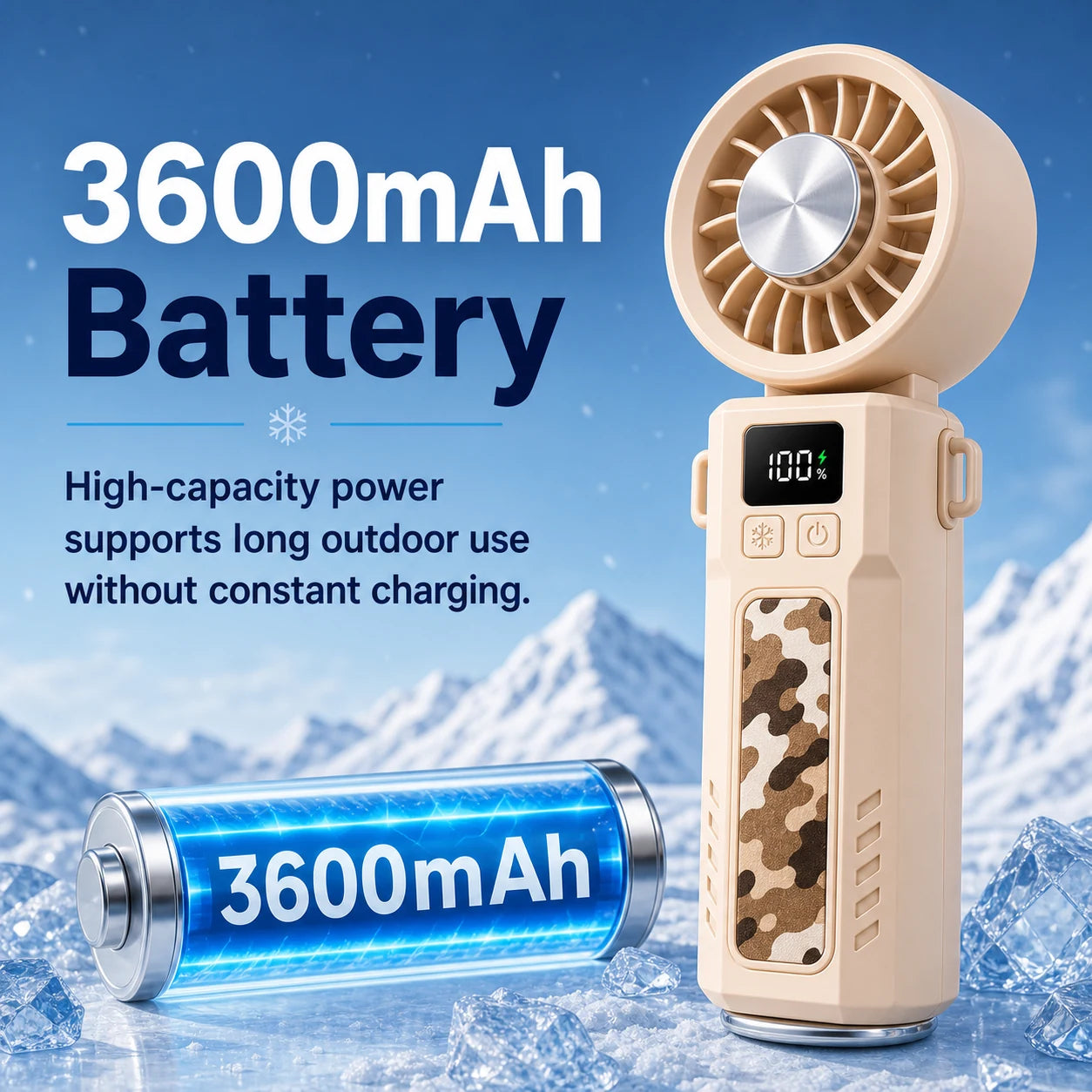 3600mAh rechargeable battery graphic for the ice energy folding handheld fan