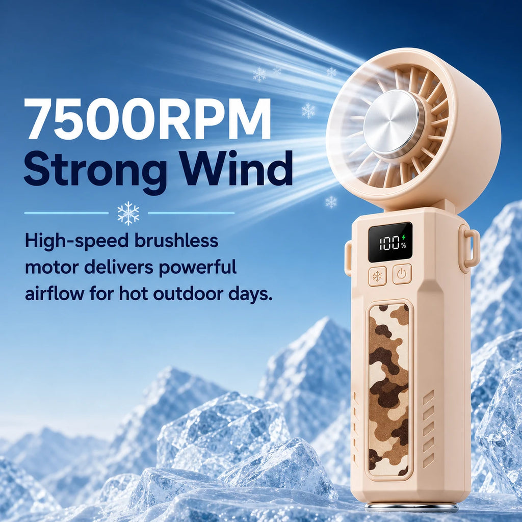 Beige folding handheld fan with 7500RPM strong wind cooling feature