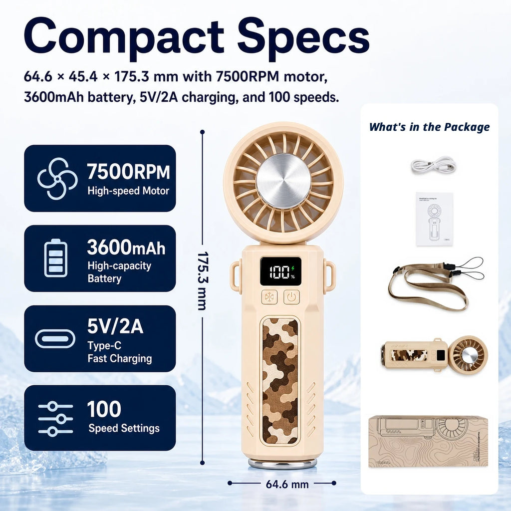 Compact size chart for beige ice energy folding handheld fan with 7500RPM motor, 3600mAh battery, 5V/2A charging, and 100 speed settings