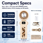 Compact size chart for beige ice energy folding handheld fan with 7500RPM motor, 3600mAh battery, 5V/2A charging, and 100 speed settings