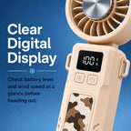 Digital display showing battery level and wind speed on the handheld fan