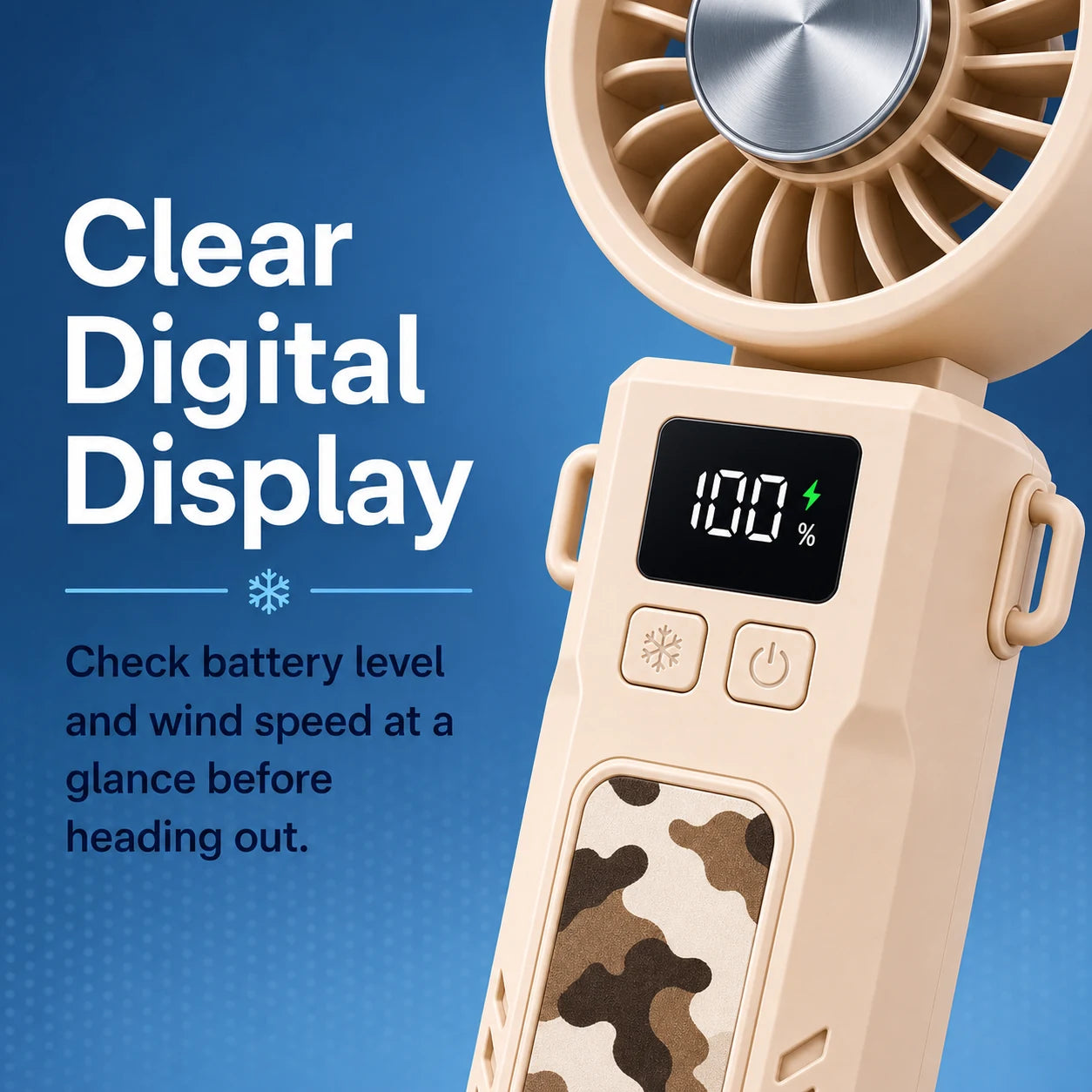 Digital display showing battery level and wind speed on the handheld fan
