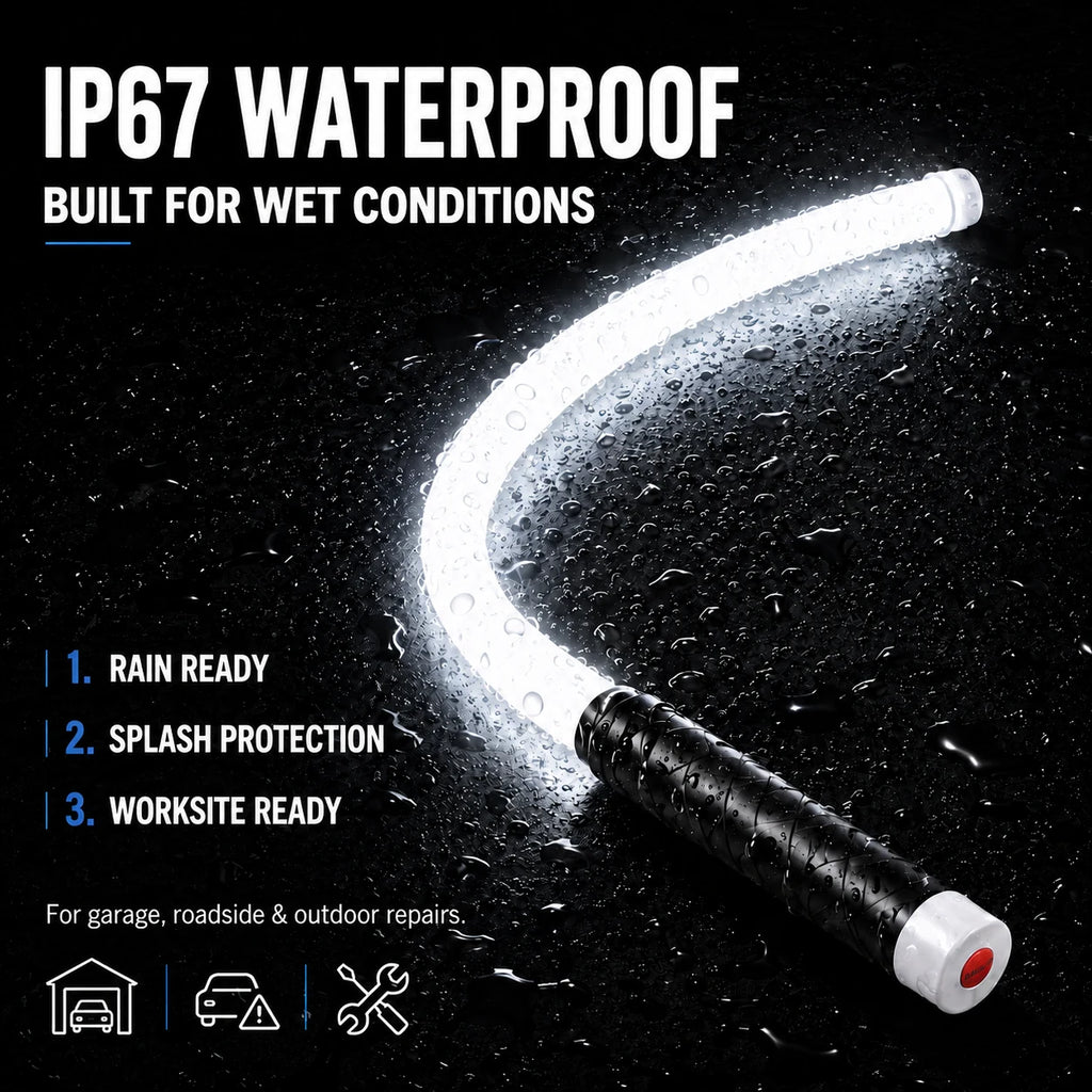 IP67 flexible LED work light shown with water spray for garage, roadside and outdoor repair conditions.