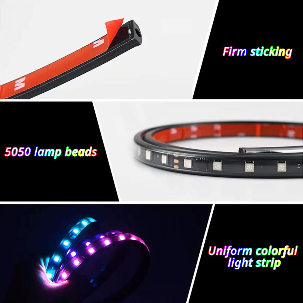 IP68 colorful LED hood strip with 5050 lamp beads, firm adhesive backing, and uniform front-end light output.