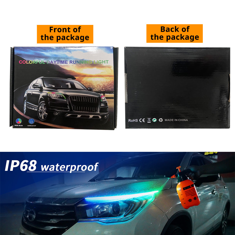 Headlight LED strip package with IP68 waterproof callout, front and back box views, and installed car lighting examples.