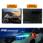 Headlight LED strip package with IP68 waterproof callout, front and back box views, and installed car lighting examples.