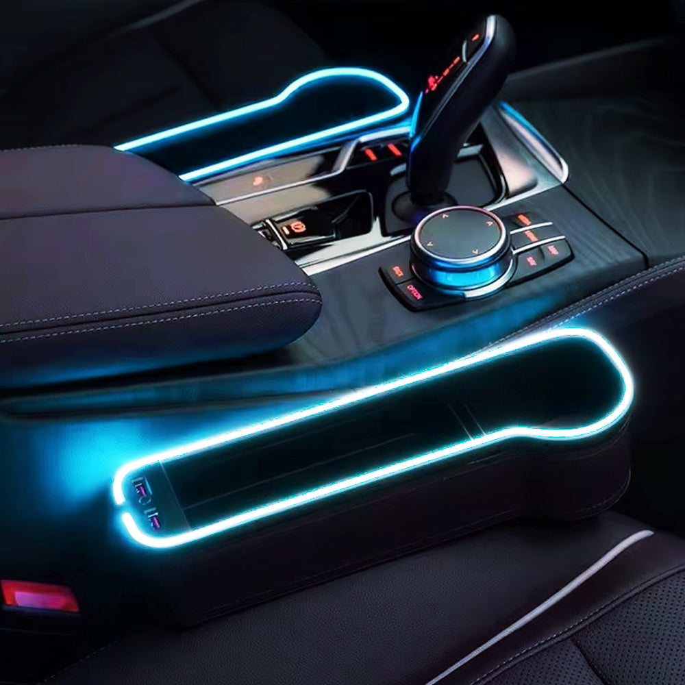 LED car seat gap organizer installed beside the center console with blue ambient light and easy-access storage.