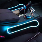 LED car seat gap organizer installed beside the center console with blue ambient light and easy-access storage.