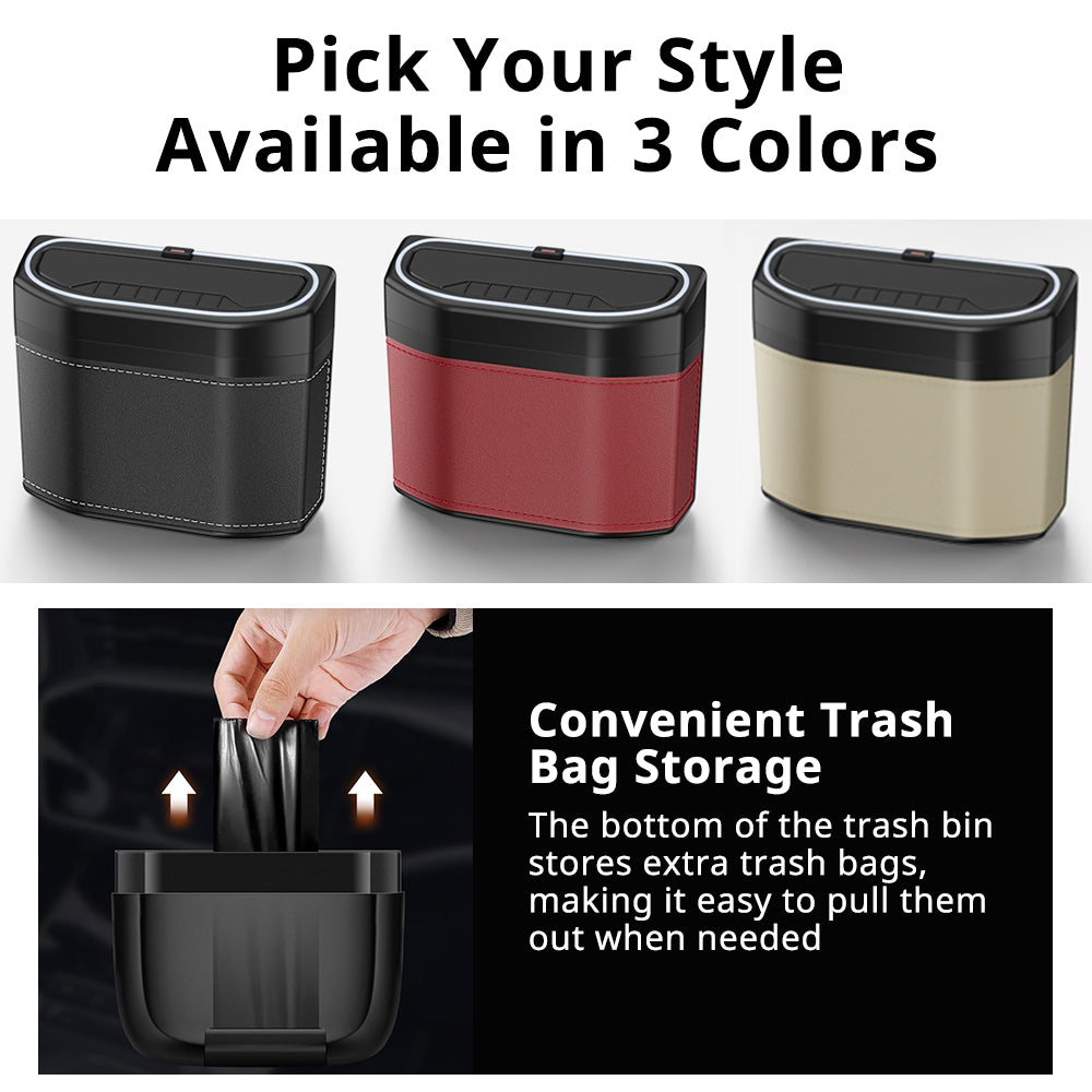 LED car trash bin color options in black, burgundy, and beige with trash bag storage inside the lid.